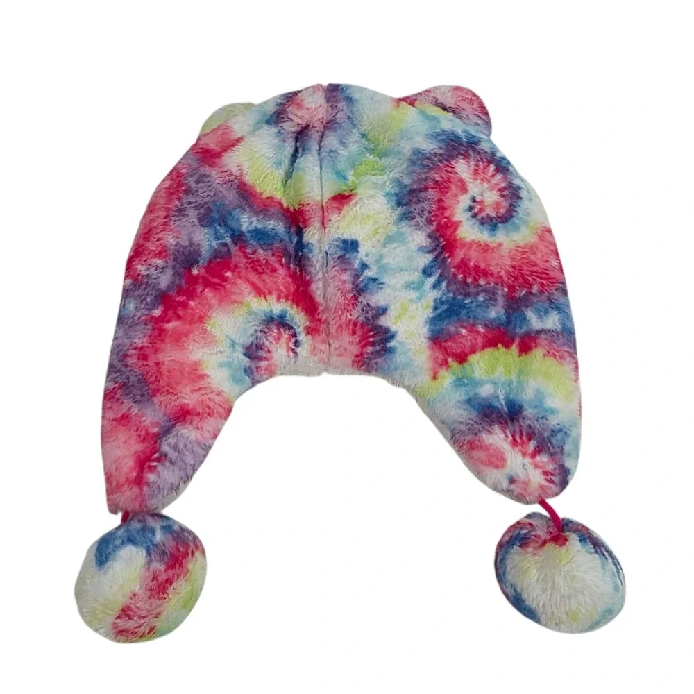 The Children's Place Kids Tie Dye Faux Fur Bear Hat L/XL 8+ Ears‎ Pom Poms